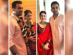 the couple are posing for pictures in their traditional attire and smiling at the camera while standing next to each other