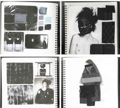 an open book with black and white images on it, including pictures of people in masks