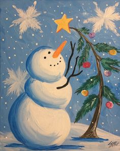 a painting of a snowman next to a christmas tree with a star on it