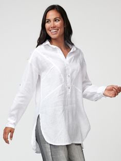 A versatile linen shirt for dressy or casual looks. Linen Shirt With Shirttail Hem For Day Out, Linen Shirt With Button Cuffs And Shirttail Hem, Linen Top With Roll-up Sleeves And Spread Collar, Linen Blouse With Shirttail Hem For Day Out, Classic Linen Blouse For Day Out, Collared Linen Top With Roll-up Sleeves, Linen Collared Tops With Roll-up Sleeves, Linen Button-up Tops With Roll-up Sleeves, Linen Button-up Shirt With Roll-up Sleeves