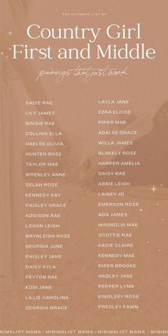 A collection of the most rustic country girl baby names for your little baby girl in 2024. This cute baby names list is perfect for parents who love Southern girl names, and even includes baby girl names with meanings, and a giant list of first and middle name ideas and nicknames. Southern Girl Names, Country Girl Names, Middle Name Ideas, Baby Names List, Country Baby Girl