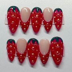 3d strawberry press on nails 🍓 These can be customizable if you want them all full strawberry or all French tip let me know.  Please understand that the design will not be an exact copy since it is handmade. If you choose any shape beside almond the design will look different. If you want a custom size just enter it in the personalization box :).  Disclaimer: Once the item is shipped, I am not responsible for any damages on the items. Please make sure to measure your nails correctly if unsure, Jelly Strawberry Nails, Fruits Nails Design, Food Themed Nails, 3d Strawberry Nails, Nails Strawberry, Strawberry Nail, Strawberry Nails Designs, Strawberry Nails