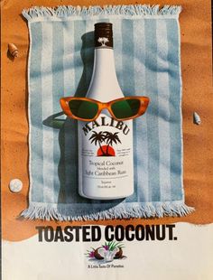 an advertisement for kilbo's toasted coconut juice with sunglasses on it