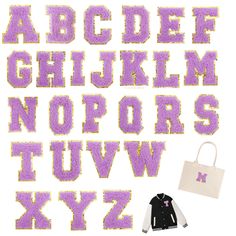 the letters and numbers are made up of purple sequins to spell their name