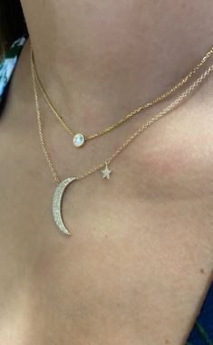 "14kt gold, total weight approx. 2.5 grams, Single-cut round diamonds total weight 0.28 ct. G-H color, SI2 clarity. GIA standards Crescent moon and star necklace is the perfect statement necklace for any occasion & has just the right amount of bLing. This necklace is currently available in your choice of 14k yellow, white or pink gold and comes on an adjustable 16\" --> 17\" --> 18\" cable chain with barrel clasp. **Specifics** 14kt gold, total weight approx. 2.5 grams Single-cut round Celestial Style Jewelry With Round Cut Diamond Accents, Celestial Jewelry With Round Cut Diamond Accents, Celestial Style Round Cut Diamond Jewelry, Celestial White Gold Diamond Jewelry, Celestial Style Jewelry With Brilliant Cut, Celestial Style White Gold Jewelry With Single Cut Diamonds, Celestial Diamond White Jewelry, Celestial White Gold Jewelry With Brilliant Cut, Celestial Jewelry In Diamond White 14k Gold