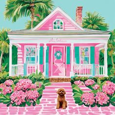 a painting of a dog sitting in front of a pink house