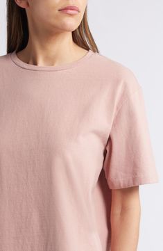 A staple for any wardrobe, this crewneck T-shirt is made from soft, breathable cotton in a relaxed, modern fit. 27" length Crewneck Short sleeves 100% cotton Machine wash, line dry Imported Spring Pink Boxy Fit Top, Pink Boxy Fit Top For Spring, Relaxed Fit Pink T-shirt In Organic Cotton, Pink Relaxed Fit T-shirt In Organic Cotton, Organic Cotton Boxy Fit T-shirt With Crew Neck, Pink Relaxed Fit Organic Cotton T-shirt, Pink Relaxed Fit Organic Cotton Top, Pink Organic Cotton Crew Neck T-shirt, Pink Organic Cotton Top For Summer