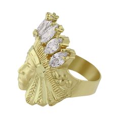 Here's a gift for Ring collectors. From our Ring Collection, this Real 10K Yellow Gold Solid CZ Native American Indian Chief Ring features Diamond Cut & Cubic Zirconia Stones Finish. Product Details: Metal: Real Solid 10kt Gold Weight: Size 11.5: 7.60 grams Length: Selectable Width: 30mm x 24mm = 1 1/4" x 15/16" Bail/Clasp: Can be resized down or up at your local jeweler Mens Nickle Chief Head Rings, Gold Iced Out Wedding Rings, Iced Out Cubic Zirconia Diamond Wedding Ring, Iced Out Cubic Zirconia Wedding Ring, Formal Gold Iced Out Rings, Rings Collection, Head Ring, Indian Chief, Indian Head