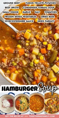 A picture of soup with a collage of step by step pictures at the bottom. Text box with the title and a list of ingredients needed to make it. Best Hamburger Soup Recipe, Healthy Dinner Recipes Crockpot, Healthy Dinner Recipes Vegetarian, Dinner Recipes Vegetarian, Hamburger Soup, Ribs Recipe, Delicious Soup Recipes