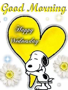 a snoopy dog holding a heart shaped balloon with the words happy wednesday on it