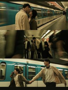 two people holding hands while standing in front of a train at a subway station, and one person walking on the platform