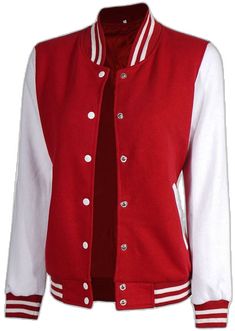 White Varsity Jacket With Button Closure, White Cotton Varsity Jacket With Button Closure, Fall School Varsity Jacket In Cotton, Winter Cotton Varsity Jacket With Button Closure, White Cotton Varsity Jacket, White Collegiate Cotton Varsity Jacket, White Cotton Varsity Jacket In College Style, Red Cotton Varsity Jacket With Pockets, Red College Style Outerwear For Fall