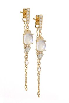 CELINE DAOUST JEWELRYFINE JEWELEARRING YLWGOLD Moonstones & Diamonds Long Chain Earrings Celine Daoust, Long Chain Earrings, Long Gold Earrings, Long Chain, Chain Earrings, Fine Jewellery, Moon Stone, Long Earrings, Beaded Earrings