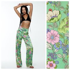 Nwt. Zara Green Satin Effect Floral Print Full-Length High Waisted Trousers With Extra Long Legs, Side Hidden In-Seam Zipper Closure. Size Xxl. Ref. 6929/401. Waist 16,5" Flat, Rise 14", Inseam 32,5". 1048 Light Blue Dress Pants, Black Trousers Women, Khaki Slacks, Black Wide Leg Trousers, Blue Dress Pants, Green Trousers, Light Blue Dresses, Belted Pants, Straight Trousers