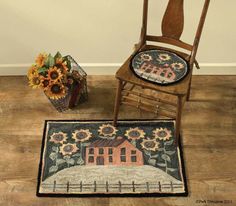 House & Sunflowers Hooked Rug 24x36 Rug Hooking Log Cabin, Rug Hooking Sunflower Patterns, Locker Hooking Rug Patterns, Punch Rug Hooking, Cottage Hooked Rug, Rug Hooking Patterns Primitive The Woolery, Hand Hooked Rugs With Yarn, Rug Hooking Yarn, Rug Hooking Patterns Honey Bee Hive Rug Hooking Patterns & Supplies