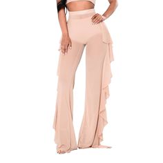 Apricot Sheer Mesh Tasseled Bell Bottom Pants Spring Wide Leg Bottoms With Fringe, Chic High Waist Fringe Bottoms, Fitted Bottoms With Tassels For Spring, Fitted Wide Leg Bottoms With Fringe, Spring Party Pants With Fringe, Spring Fringe Pants For Party, Beige Ruffled Party Bottoms, Chic Tassel Pants For Spring, Non-stretch Beige Party Bottoms