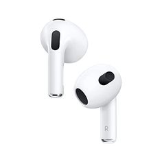 an airpods is shown in white with black accents on the front and back sides