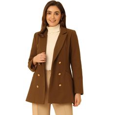 Available in a wide variety of colors, you'll surely find a lady's blazer coat that can complement your style. This is a double-breasted coat that can shield you from cool weather. Complete with a removable belt, you can style this dress coat in multiple ways. A solid color keeps this piece perfectly sophisticated, and a longer length hits at the hip for a dramatic touch. Brown Business Wool Coat With Double Button Closure, Business Brown Wool Coat With Double Button, Classic Brown Pea Coat With Button Closure, Elegant Brown Double-breasted Pea Coat, Chic Brown Wool Coat With Double-breasted Buttons, Womens Blazer Coat, Fancy Sweater, Lapel Coat, Ladies Blazer