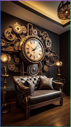 a couch with a clock on the wall above it and some lights in front of it