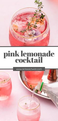 the pink lemonade cocktail is served in glasses with ice and garnishes