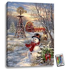 a painting of a snowman with a windmill in the background and christmas decorations around it