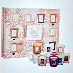 Sephora Voluspa 12 Day Advent Calendar Countdown Your Special Occasion Product Details Set Description: Celebrate The Season With Voluspa's Advent Calendar, Designed For Sephora. Unveil 12 Bestselling Fragrances, Each Housed In An Embossed 1.25 Oz Votive Tucked Behind Peek-A-Boo Packaging. Lighting Your Way Through The Holidays In A Fragrant Countdown, This Gift Set Is Sure To Delight. This Set Contains: - 1.25 Oz/ 35.4 G Sparkling Cuvee Candle - 1.25 Oz/ 35.4 G Panjore Lychee Candle - 1.25 Oz/ Kawaii Advent Calendar, Calendar Candles, Mini Advent Calendar, 12 Day Advent Calendar, Kawaii Stuff To Buy, Candle Advent Calendar, Latte Candle, Watermelon Candle, Best Beauty Advent Calendar