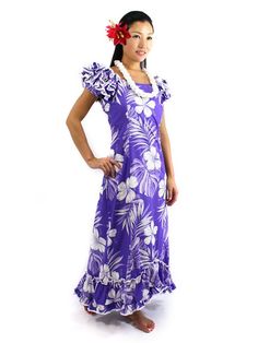 Pacific Legend Hibiscus Purple Cotton Hawaiian Ruffle Long Muumuu Dress | AlohaOutlet Hawaiian Dress Pattern, Hawaiian Clothing, Island Dresses