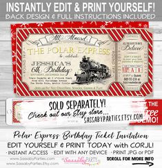 the polar express birthday party ticket is shown in red and white with snowflakes on it