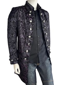 This 1775 British Army-inspired jacket is a classic Couture piece featuring distinctive contrast details reminiscent of the coats of the British Army. The modern design is expertly tailored in a velvet-ornamental pattern in black and purple; embellished with the royal coat of arms embossed metal buttons to give a timeless look. Elevate your outfit with this rockstar-style jacket.     Self: Cotton/Poly, Lining: Polyester     3/4 Length     Dry Clean Only     Made in USA Elegant Fitted Outerwear For Halloween, Victorian Style Long Sleeve Outerwear For Costume Party, Victorian Outerwear For Costume Party In Fall, Victorian Outerwear For Fall Costume Party, Elegant Fitted Halloween Outerwear, Elegant Fitted Outerwear For Cosplay, Victorian Black Outerwear For Costume Party, Fitted Long Sleeve Noble Outerwear, Vintage Outerwear With Buttons For Costume Party