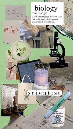 a collage of science related items including microscopes, books and other things that are on the table