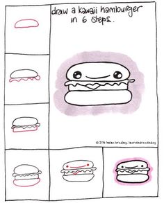 a drawing of hamburgers with the words draw a kawai hamburger in 6 steps