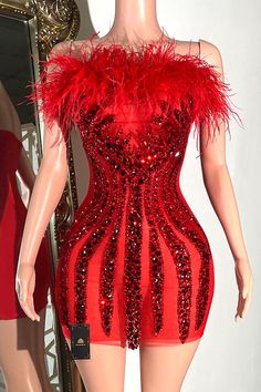 Red Feathered Evening Dress, Red Feather Trim Evening Dress, Red Evening Dresses With Feather Trim, Elegant Red Dress With Feather Trim, Feather Birthday Dress, Senior Hoco, Night Wedding, Feather Dress, Birthday Dress