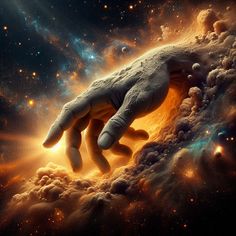 a hand reaching out from the center of a space filled with clouds and stars, in front of a star field