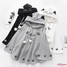 Qteee - Charming Cartoon Cat Paw Print Plush Hooded Cloak Coat Áo Blu, Kawaii Culture, Black Kawaii, Cartoon Kitty, Hoodie Poncho, Cat Paw Print, Kawaii Fashion Outfits, Cat Paw, Poncho Cape