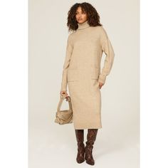 Brown knit (65% Acrylic, 35% Polyester). Sweater shift. Long sleeves. Turtleneck. Pull on. 43.5" from shoulder to hemline. Imported. Sweater Dress Brown, Bold Gold Jewelry, Polyester Sweater, Line Dot, Rent The Runway, Suede Boots, What To Wear, Sweater Dress, Turtle Neck