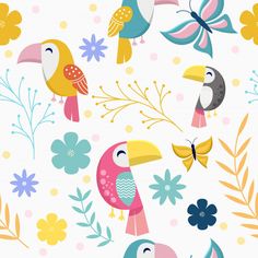 colorful tropical birds and flowers on a white background with blue, yellow, pink, green, orange