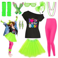 a woman in neon green and pink outfit with accessories