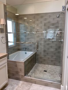 a bathroom with a walk in shower next to a bath tub