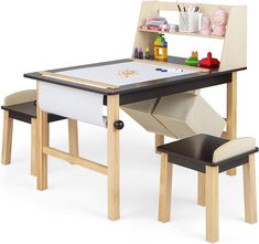 Costzon Kids Art Table and Chair Set, Wooden Drawing Painting Craft Center with Paper Roll, 2 Markers, 2 Storage Bins, Kids Activity Play Table with 2 Stools for Boys Girls Ages 3+ (Brown) Kids Art Table, Kids Table Chair Set, Toddler Drawing, Shelf Bins, Drawing Desk, Kids Activity Table, Chair Pictures, Table And Chair Set, Kids Table