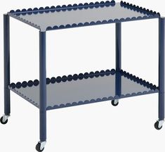 a blue shelf with three shelves on wheels