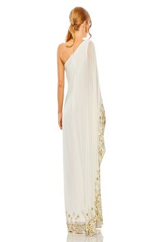 Feel like a modern-day princess in the Mac Duggal 9251 dress! 💖 Crafted from elegant chiffon, this one-shoulder style is adorned with beautiful embroidery and sparkling stones, adding a touch of romance to your look. The cape sleeve adds a dramatic flair, making you the center of attention wherever you go. With its comfortable fit and back zipper closure, this stunning column dress is perfect for special occasions when you want to look and feel your absolute best. Turn heads and exude sophistic Glamorous One-shoulder Wedding Dress With Fitted Bodice, Glamorous One Shoulder Wedding Dress With Fitted Bodice, Embellished One Shoulder Gala Dress, Elegant One Shoulder Floor-length Wedding Dress, Elegant One-shoulder Floor-length Wedding Dress, One-shoulder Embellished Evening Dress, Elegant Floor-length One Shoulder Wedding Dress, Elegant Georgette Evening Dress For Gala, Elegant One Shoulder Floor-length Sequined Dress