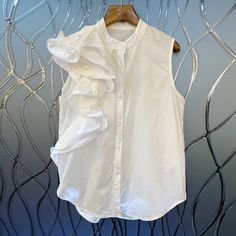 image_9 Trendy White Ruffled Tank Top, Chic Sleeveless Shirt For Summer, Trendy White Sleeveless Blouse, Casual White Ruffled Tank Top, White Vest Blouse For Summer, Trendy Sleeveless Spring Shirt, White Ruffled Tank Top, White Ruffled Tank Blouse, White Cotton Sleeveless Blouse