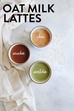 three cups of coffee with the words oatmilk lates on them