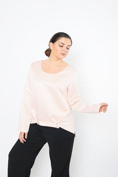 "Blouse Women, Plus Size Blouse, Blush Blouse ♛ All of Rosche's pieces are created with the sole purpose that YOU feel beautiful! Enjoy unique details in combination with high-quality materials every day and make an statement every place you go! ♛ Perfect for every occasion! ♛ Materials & Care: Cotton, Satin ♛ Delivery: Ready to ship in 3-5 business days. I ship all my pieces express! Express shipping estimates: * USA & Canada ~ 2-3 business days * EU ~ 2-3 business days * Australia, NZ Feminine Long Sleeve Satin Tops, Pink Satin Blouse In Feminine Style, Pink Satin Feminine Blouse, Pink Loose Feminine Top, Oversized Feminine Pink Top, Feminine Pink Satin Top, Elegant Pink Top For Loungewear, Spring Satin Loungewear Top, Long Sleeve Pink Satin Top