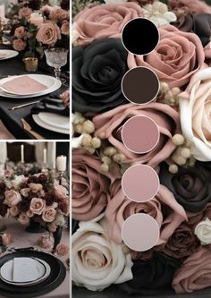 Romantic Dark Wedding Color Palettes, Wedding Schemes Fall, Blush Fall Wedding Colors, Fall Wedding Colors October Blush Pink, Wedding Ideas Elegant Color Palettes, Black Mauve Wedding, Mauve And Black Color Palette, Wedding Colour Palettes Winter, Fall Wedding Ideas Black