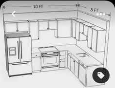 a drawing of a kitchen with white cabinets and an island in the middle is shown