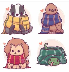 four cartoon animals with scarves and blankets on their backs, all wearing sweaters