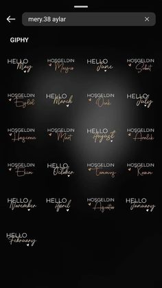 an iphone screen showing the names of different types of words and numbers in gold on black