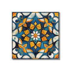 an artistic tile design in blue, yellow and white