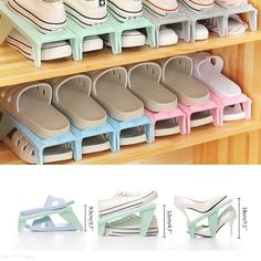 there are many pairs of shoes on the shelf and one pair is in different colors